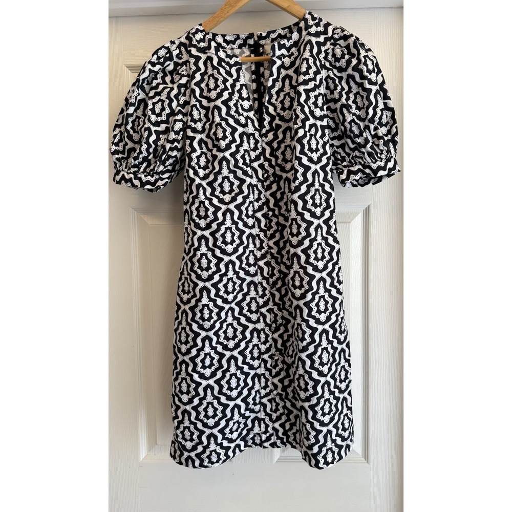LOFT Dress Womens XS Black White Geometric Puff Sleeve V-Neck Cotton Mini Shift